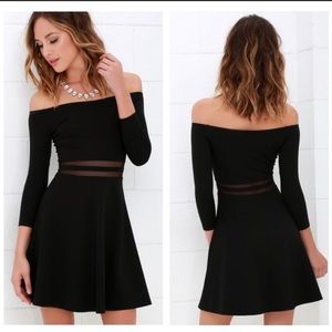 exc Lulus Yes to the Mesh off the shoulder Skater flare mini dress boat neckline